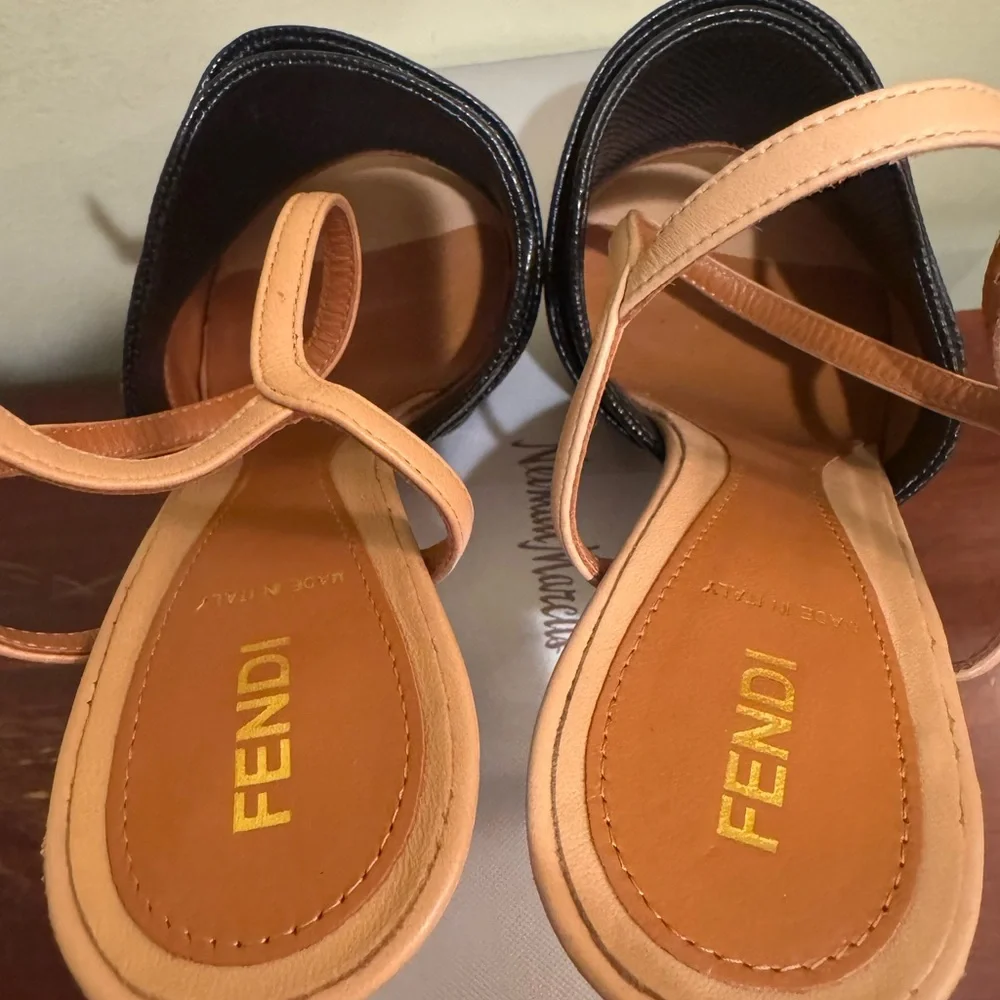 Fendi Black and Tan Peep-Toe Heels - Picture 3 of 5